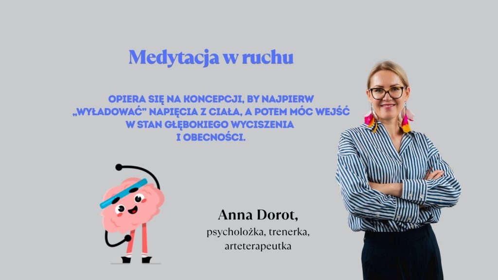 Anna Dorot, psycholożka, trenerka i arteterapeutka, obok grafiki mózgu, prezentuje koncepcję medytacji w ruchu pomagającej rozładować napięcia z ciała i wejść w stan wyciszenia