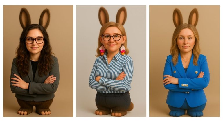 Jagoda Jakubowska, Anna Dorot i Aleksandra Marciniak w wersji inspirowanej maskotką Labubu, z długimi uszami i futrzanymi łapkami