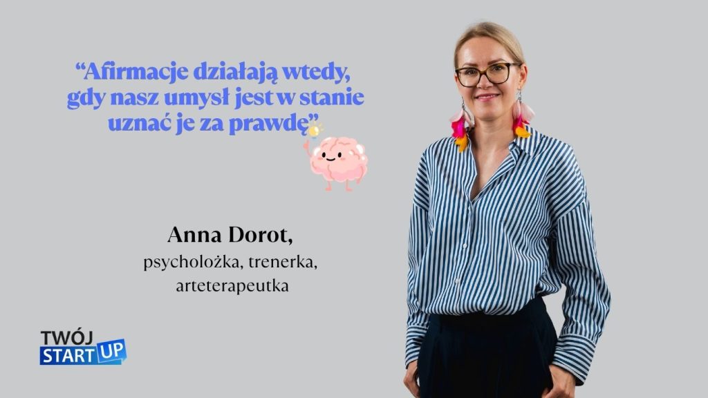 Anna Dorot, psycholożka, trenerka i arteterapeutka, z cytatem o tym, kiedy afirmacje działają