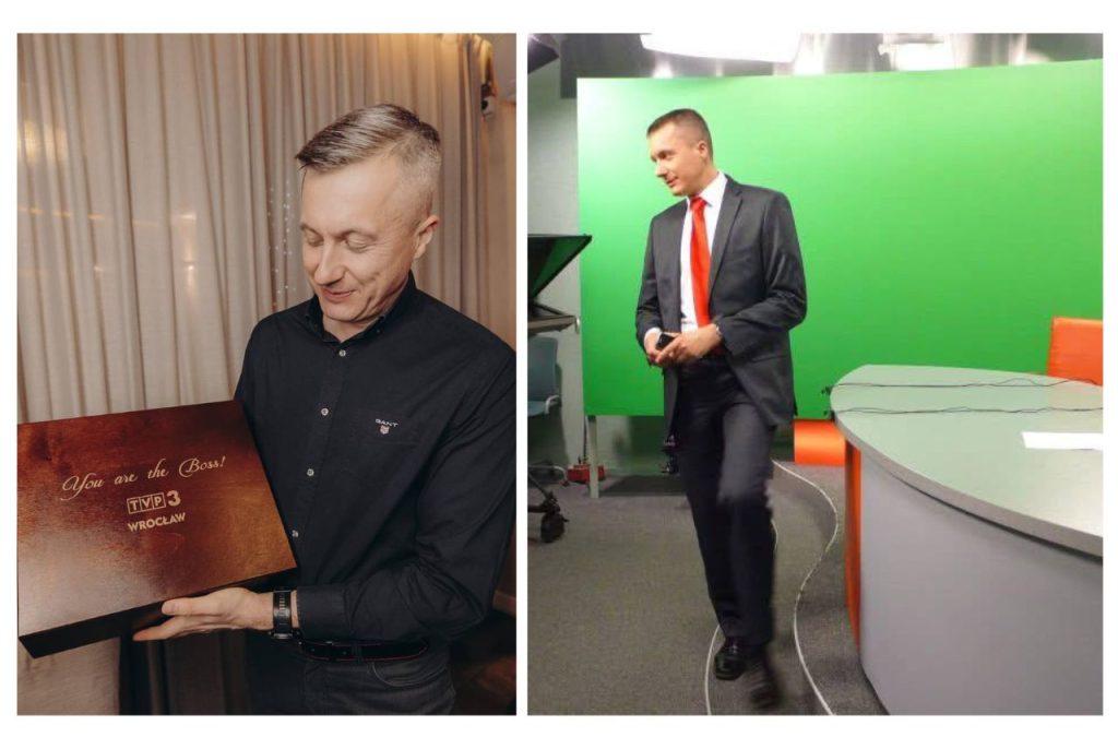Marcin Brodowski z pamiątkową tabliczką „You are the Boss” TVP3 Wrocław oraz w studiu telewizyjnym na tle green screen