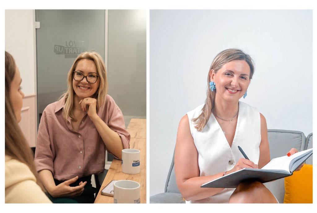 Anna Dorot podczas rozmowy w studiu Twojego StartUpu oraz Aliona Paźniak z notesem, bohaterki felietonu „Biznes Zen – recepta na sukces?”