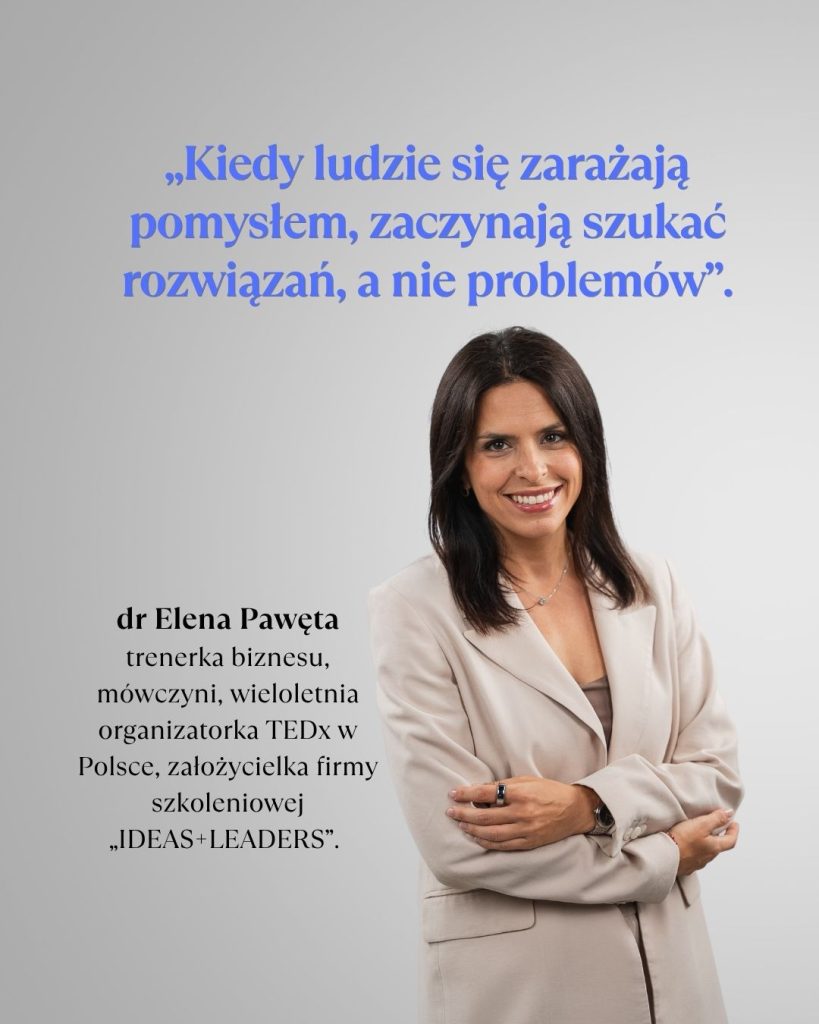 Dr Elena Pawęta, ekspertka TEDx, trenerka biznesu, mówczyni i założycielka IDEAS+LEADERS, z inspirującym cytatem o sile pomysłów