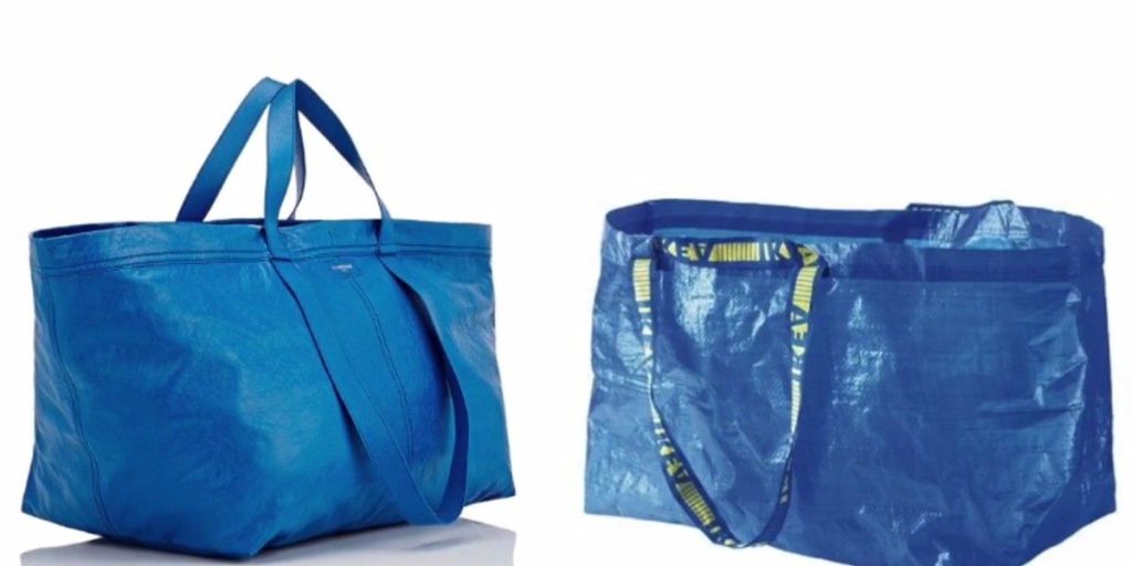 Porównanie niebieskiej torby Balenciagi inspirowanej klasyczną torbą IKEA Frakta. Źródło zdjęć: andersphoto / Shutterstock, Claudio Lavenia / Getty Images.