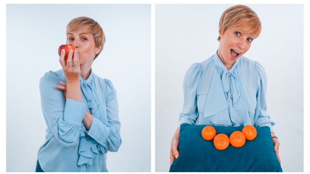 Dietetyczka Magdalena Czyrynda-Koleda pozuje z owocami, symbolizując równowagę, pasję i smak sukcesu w biznesie