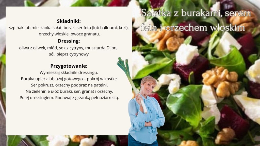 Sałatka z burakami, serem feta i orzechami włoskimi – zdrowy przepis Magdaleny Czyryndy-Koledy.
