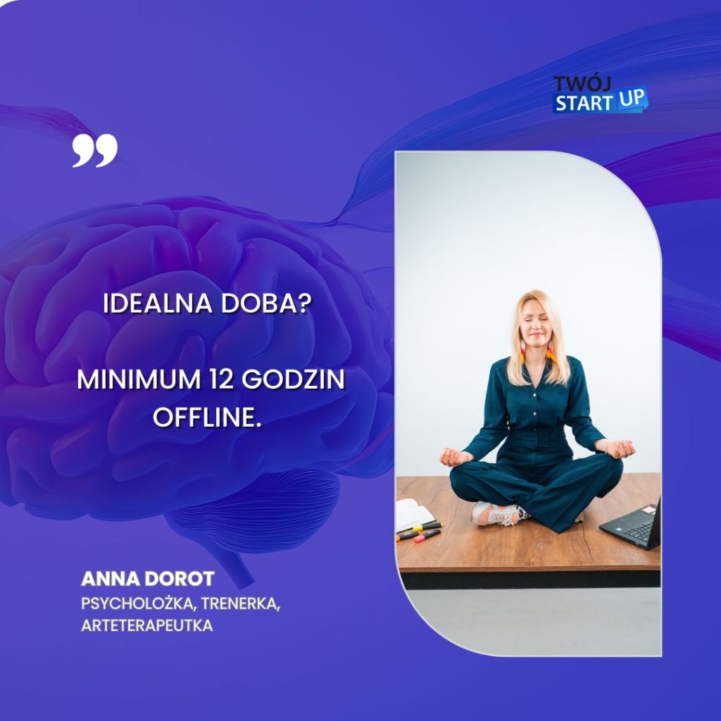 Anna Dorot w pozycji relaksacyjnej, grafika o 12 godzinach offline jako elemencie mental fitness.