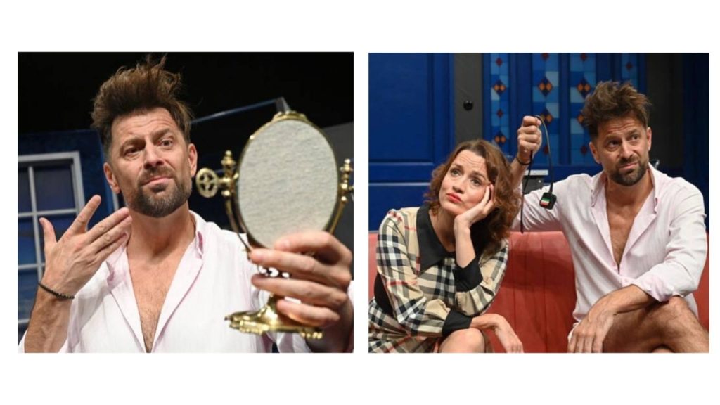 Robert Motyka i aktorka na scenie Teatru Capitol w spektaklu „Komedia odlotowa, czyli Lumbago”, scena dialogowa na kanapie